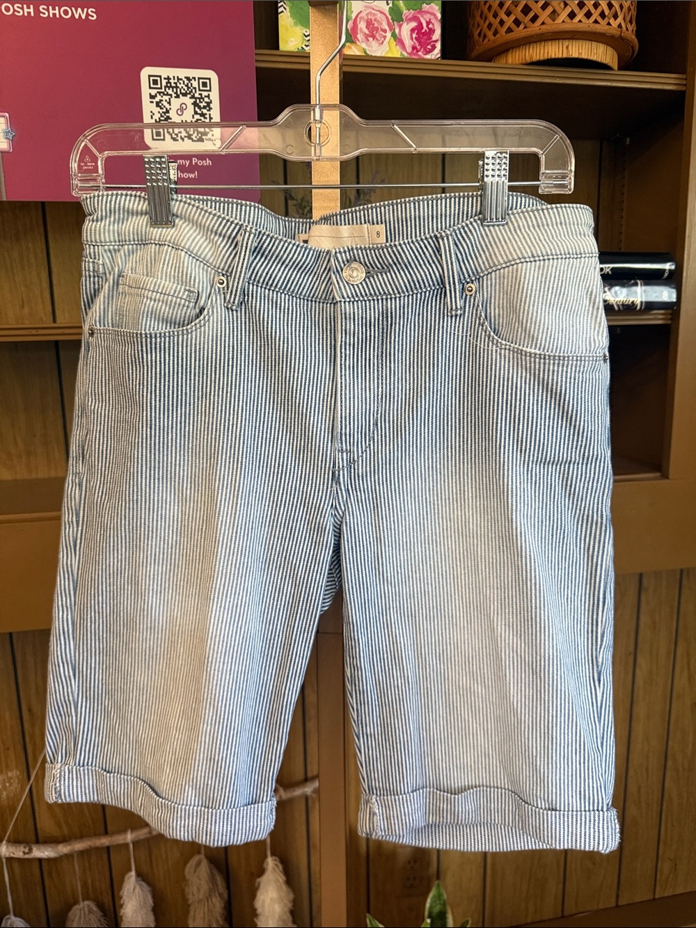 Women’s Light Blue and White Striped Bermuda Shorts